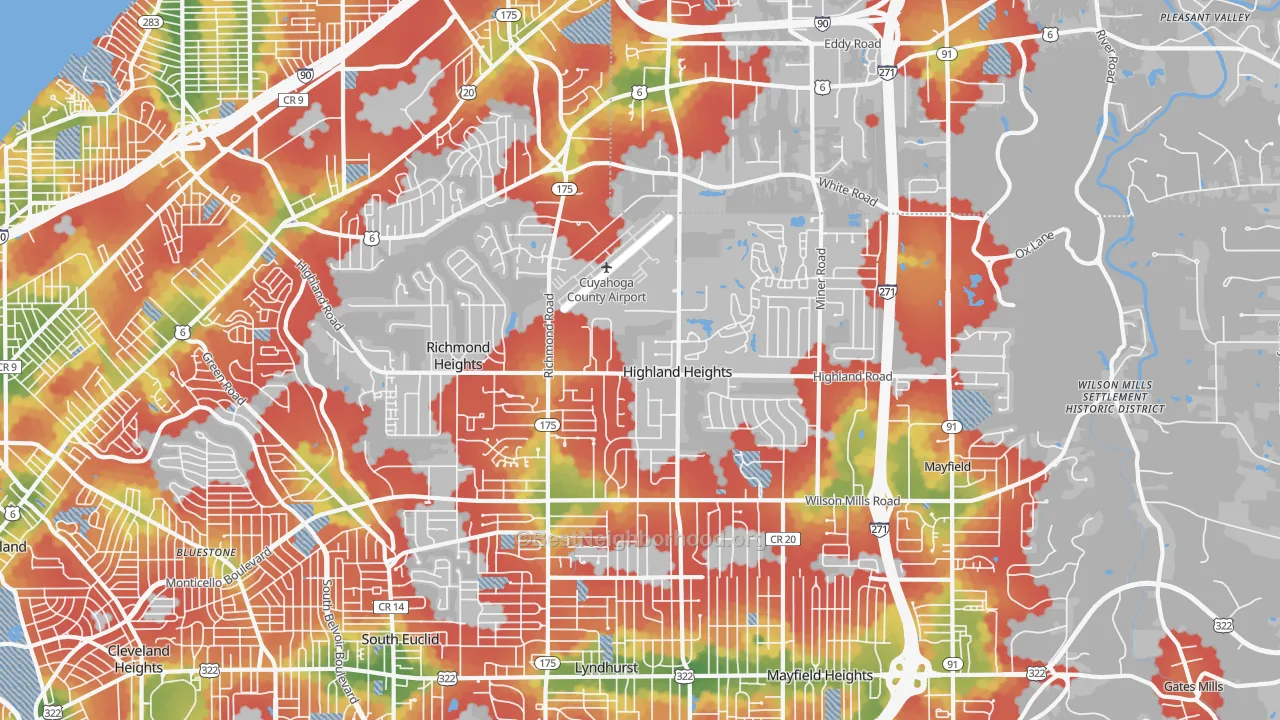 Walk Grade map of 44143, OH, walkable areas in green and car-dependent areas in red