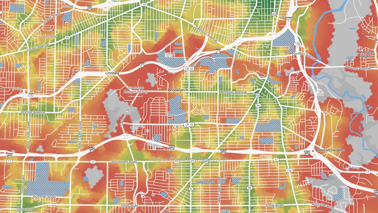 Walk Grade map of 44144, OH, walkable areas in green and car-dependent areas in red