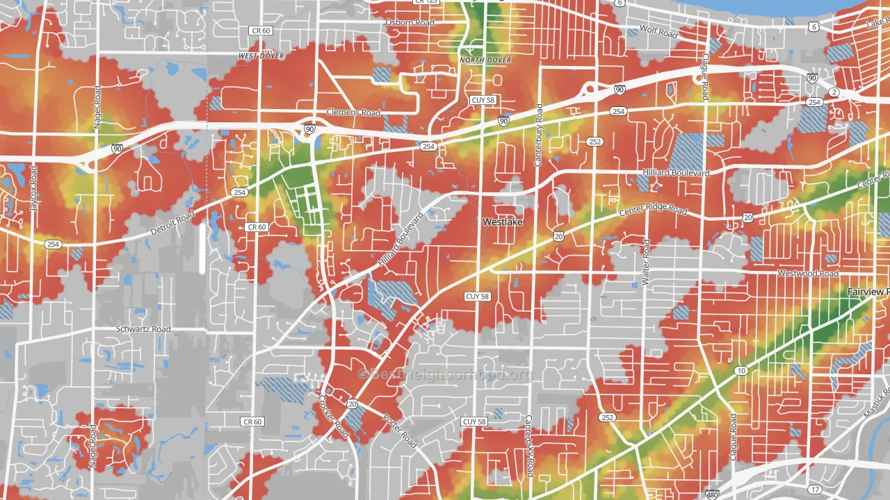 Walk Grade map of 44145, OH, walkable areas in green and car-dependent areas in red