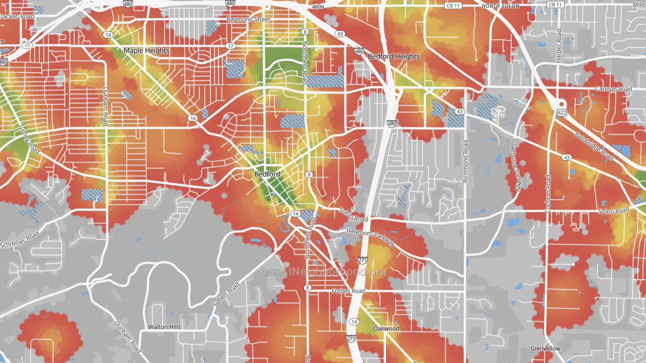 Walk Grade map of 44146, OH, walkable areas in green and car-dependent areas in red