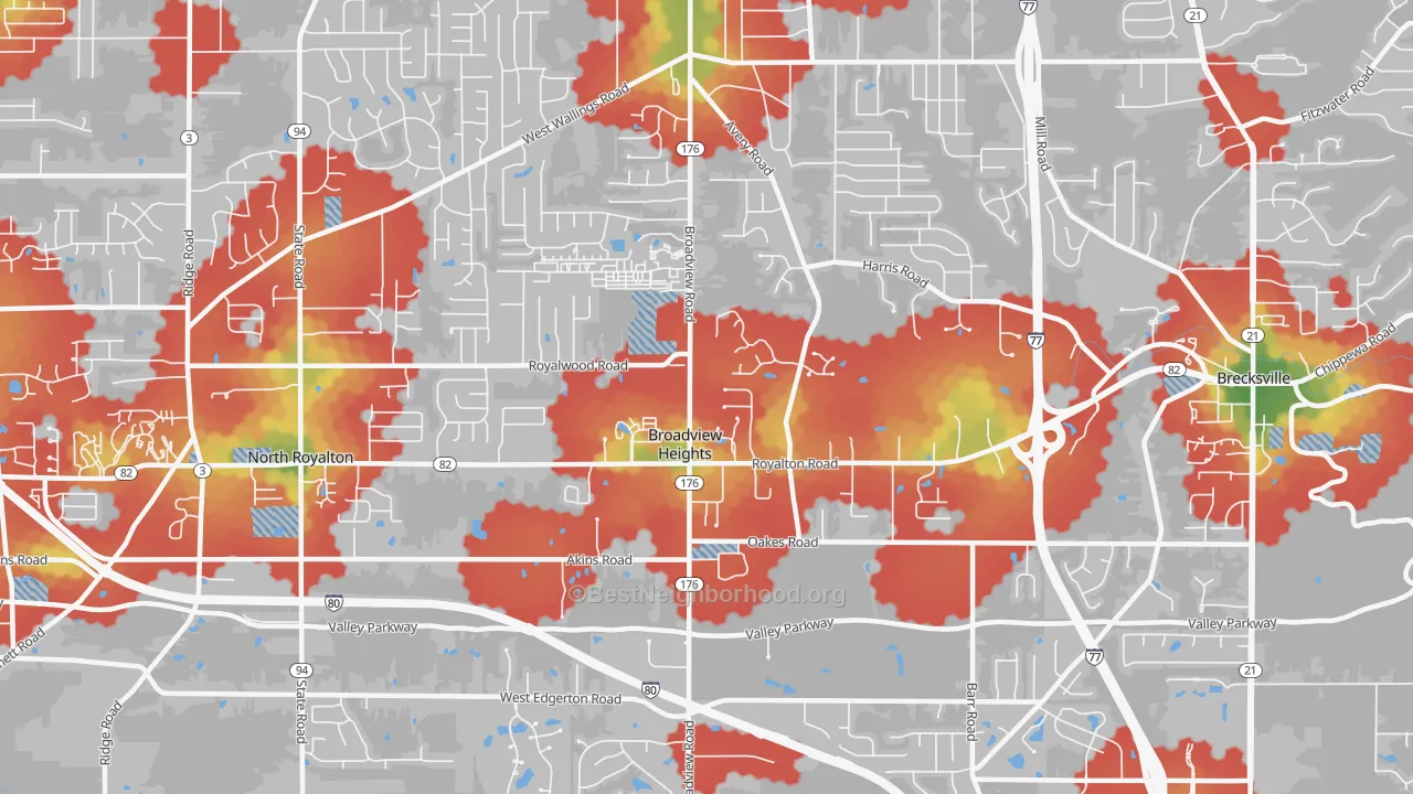 Walk Grade map of 44147, OH, walkable areas in green and car-dependent areas in red
