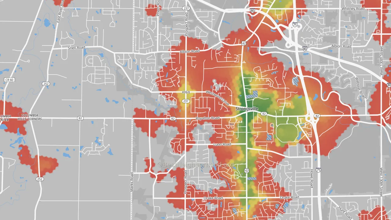 Walk Grade map of 44149, OH, walkable areas in green and car-dependent areas in red