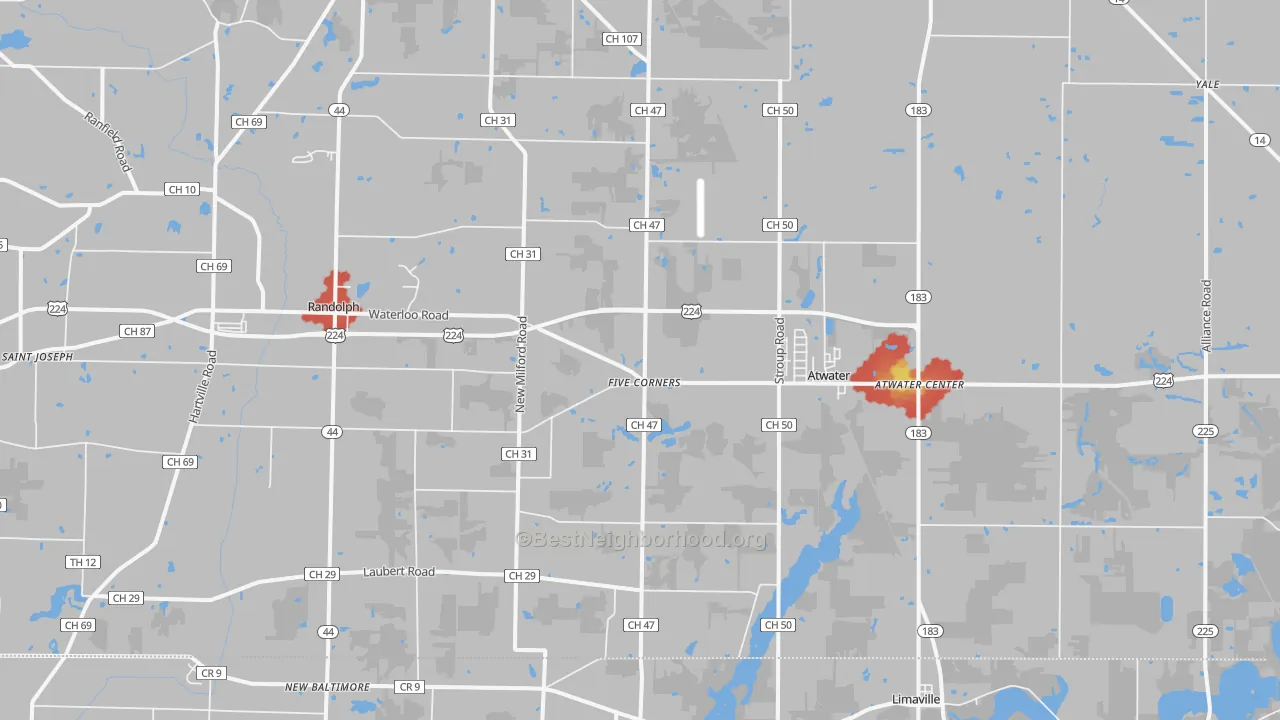 Walk Grade map of 44201, OH, walkable areas in green and car-dependent areas in red