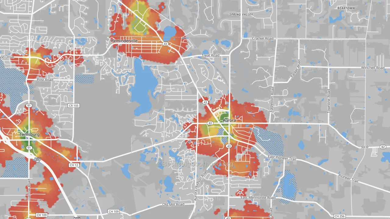 Walk Grade map of 44202, OH, walkable areas in green and car-dependent areas in red