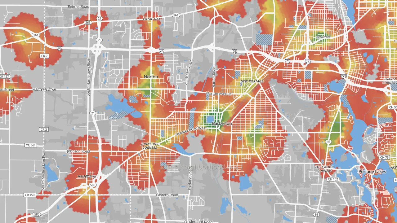 Walk Grade map of 44203, OH, walkable areas in green and car-dependent areas in red