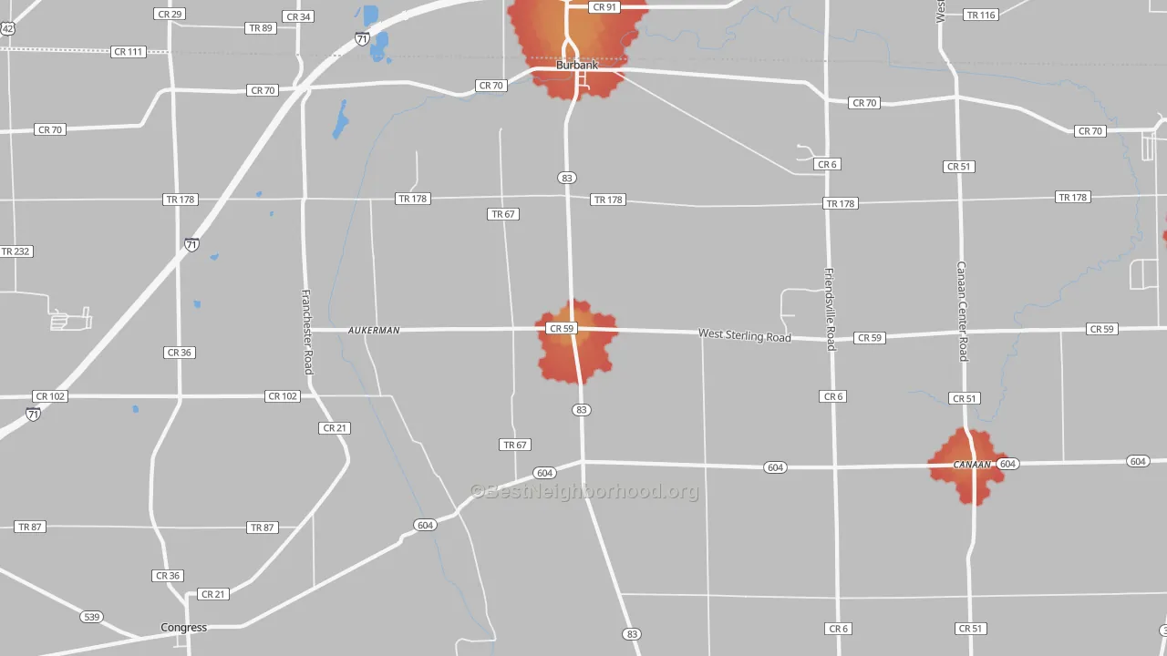 Walk Grade map of 44214, OH, walkable areas in green and car-dependent areas in red
