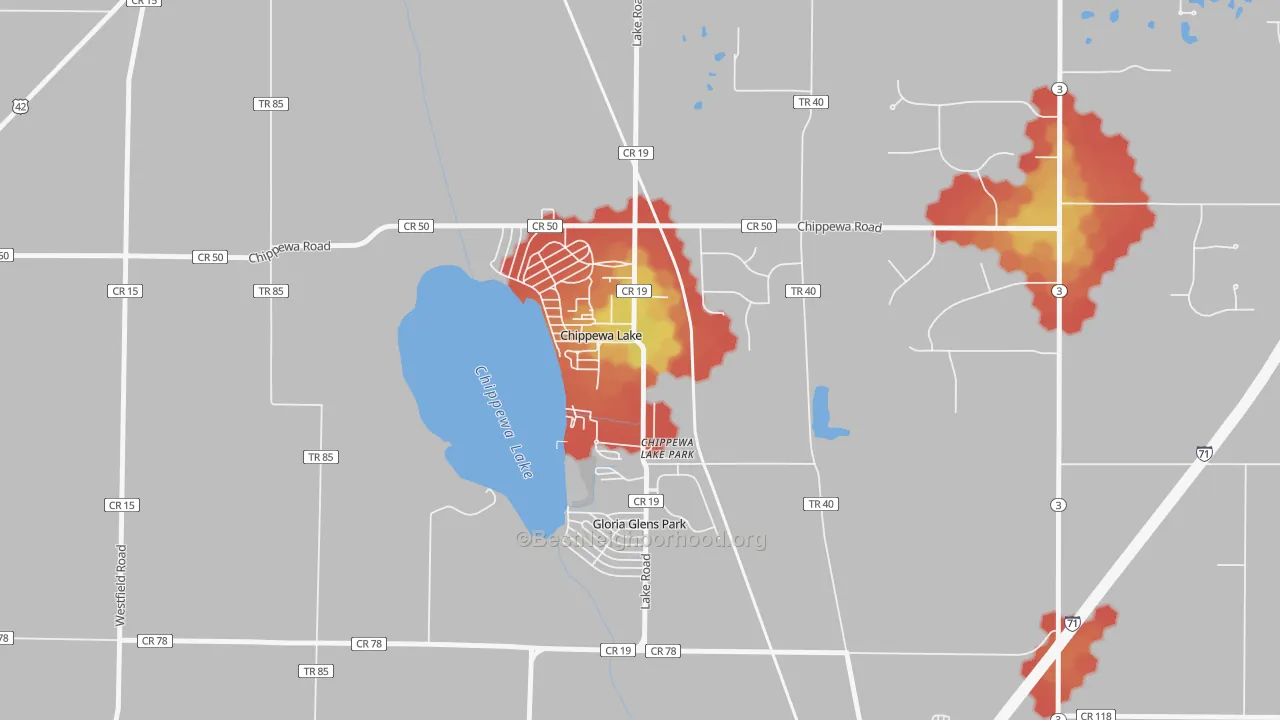 Walk Grade map of 44215, OH, walkable areas in green and car-dependent areas in red