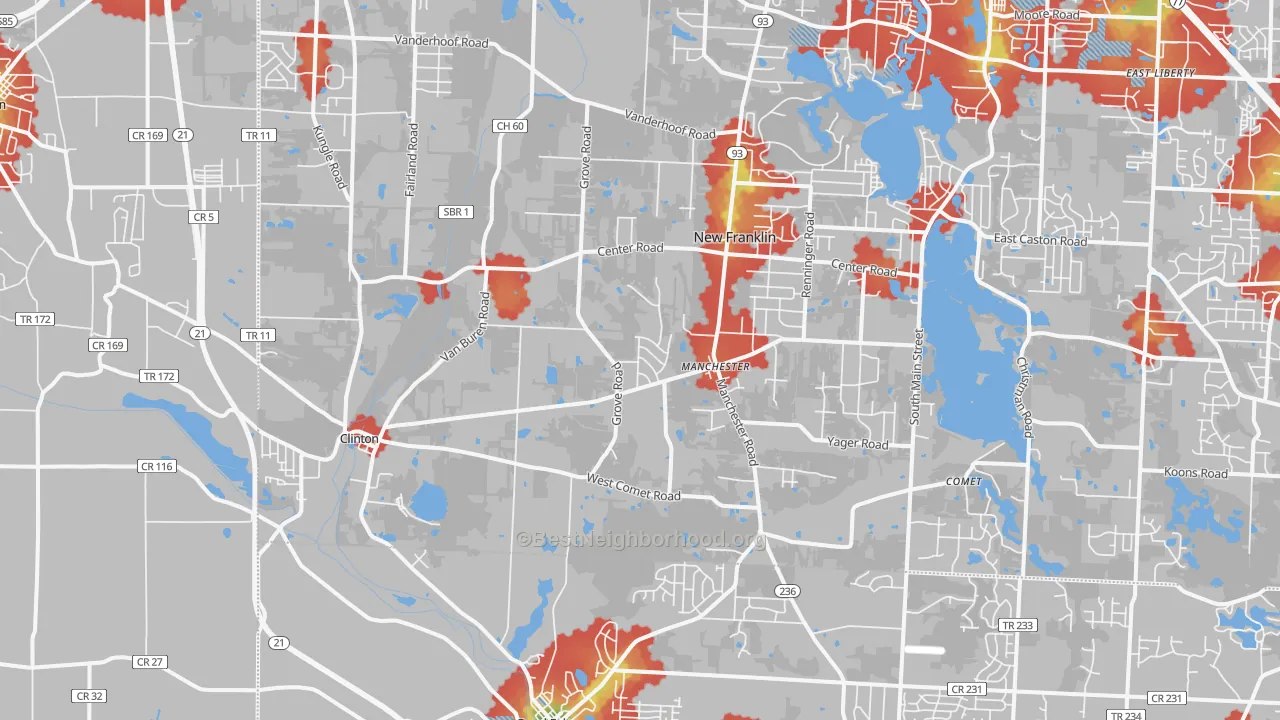 Walk Grade map of 44216, OH, walkable areas in green and car-dependent areas in red