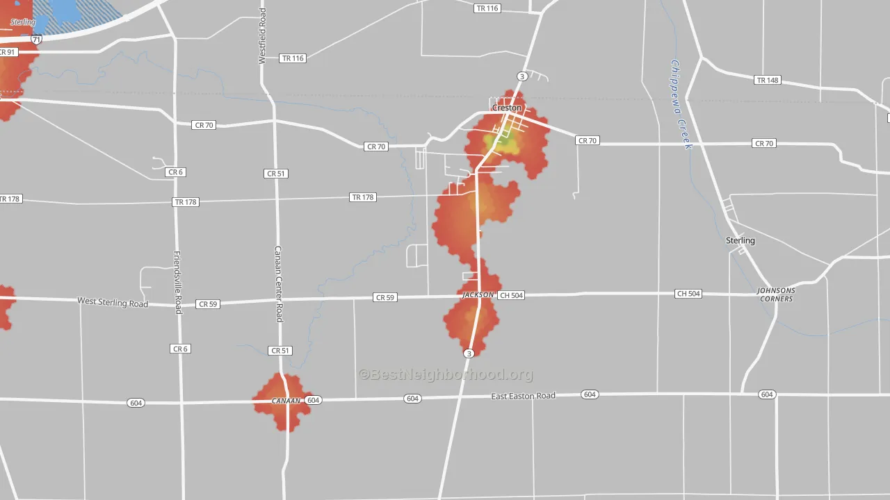 Walk Grade map of 44217, OH, walkable areas in green and car-dependent areas in red