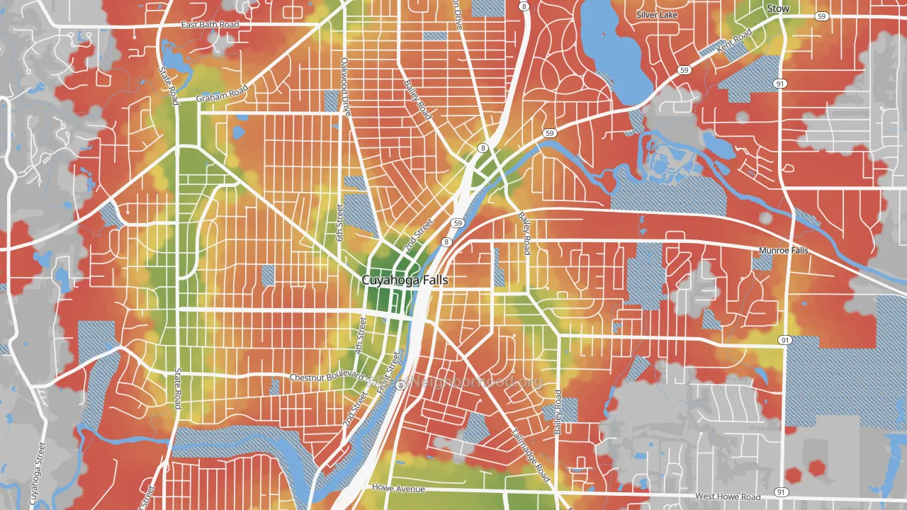 Walk Grade map of 44221, OH, walkable areas in green and car-dependent areas in red