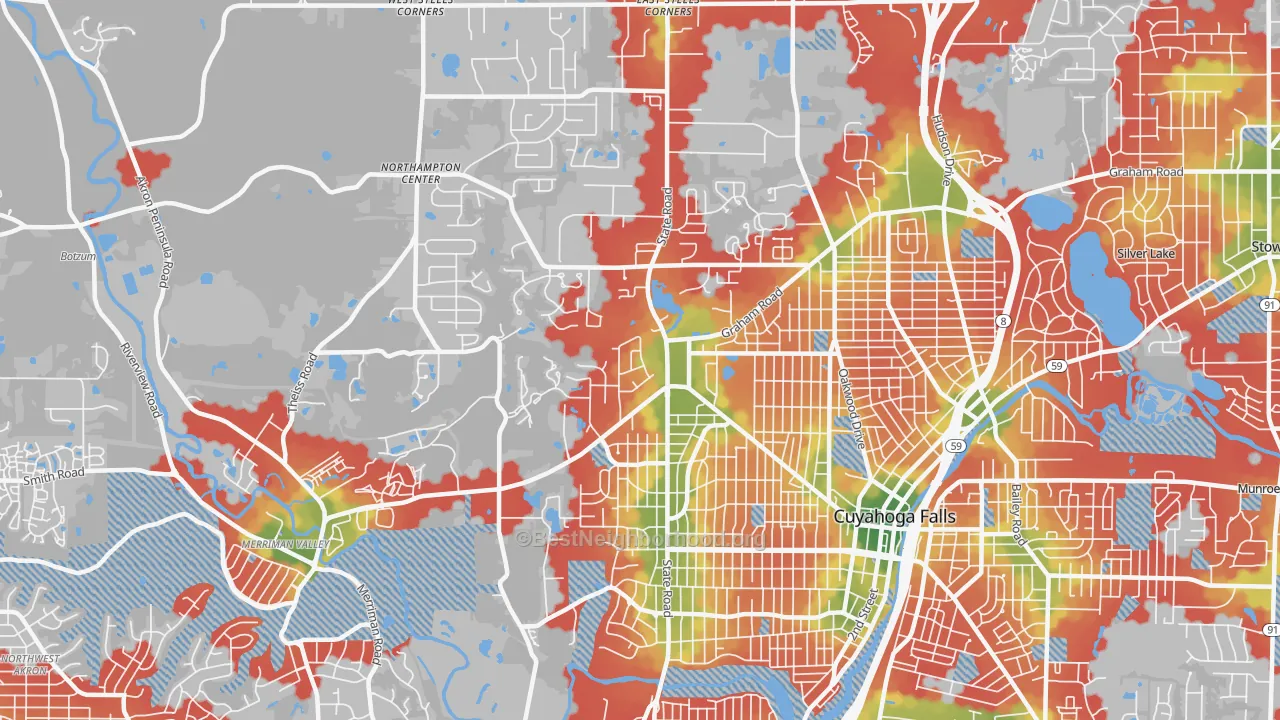 Walk Grade map of 44223, OH, walkable areas in green and car-dependent areas in red
