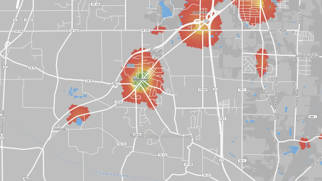 Walk Grade map of 44230, OH, walkable areas in green and car-dependent areas in red