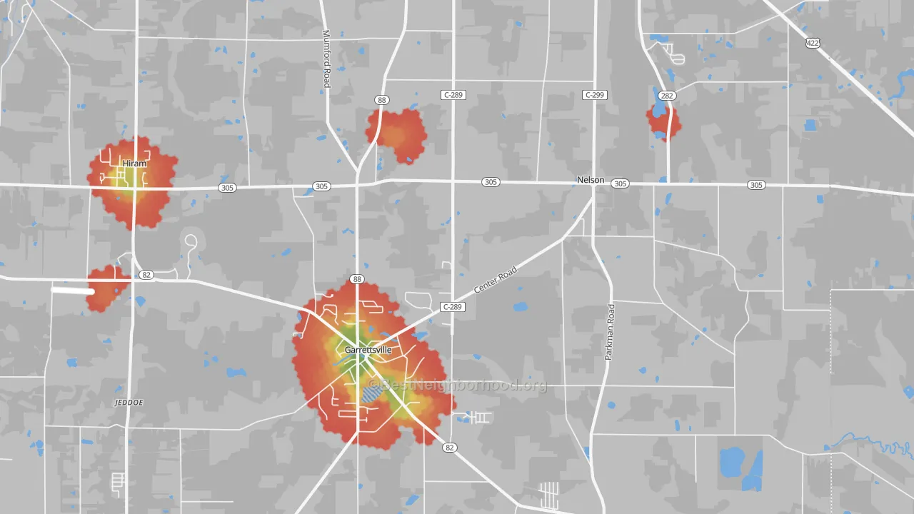 Walk Grade map of 44231, OH, walkable areas in green and car-dependent areas in red