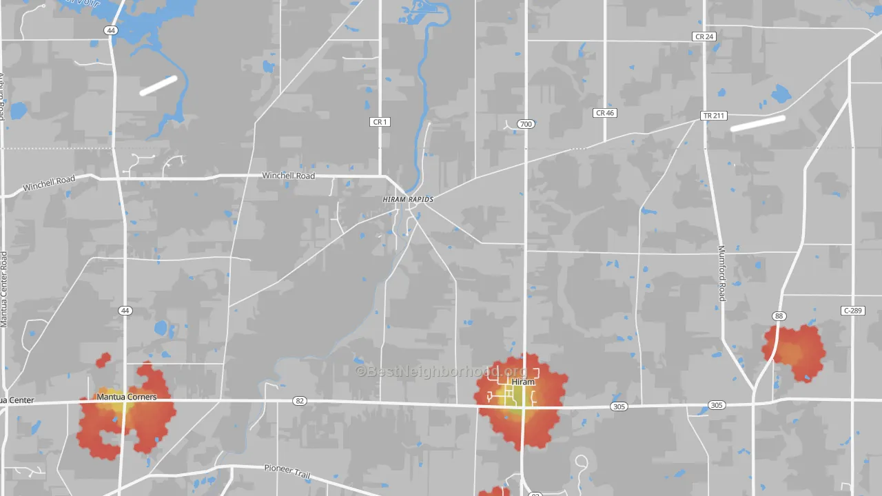 Walk Grade map of 44234, OH, walkable areas in green and car-dependent areas in red