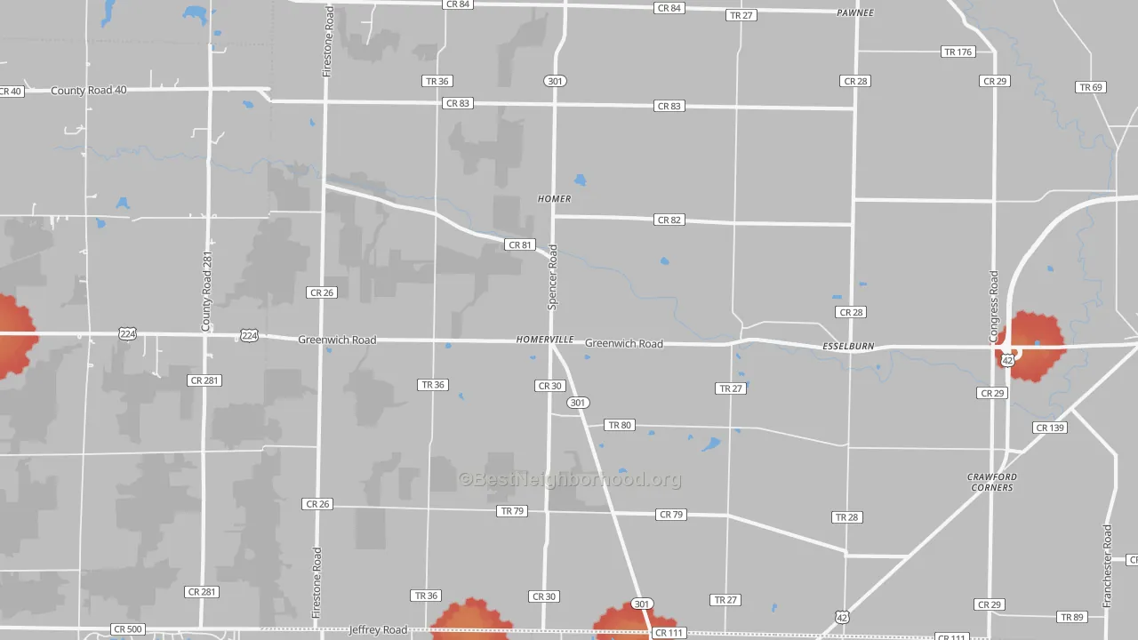 Walk Grade map of 44235, OH, walkable areas in green and car-dependent areas in red