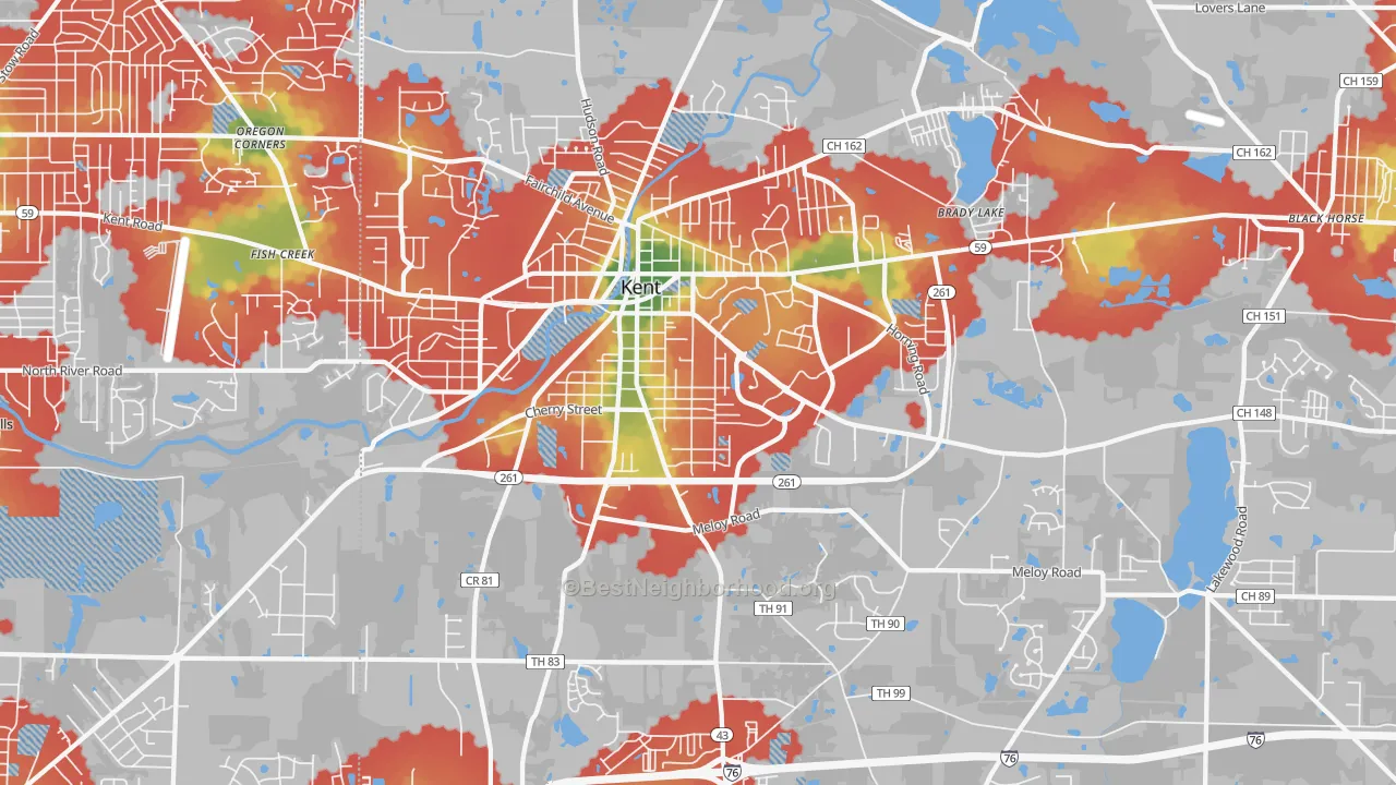 Walk Grade map of 44240, OH, walkable areas in green and car-dependent areas in red