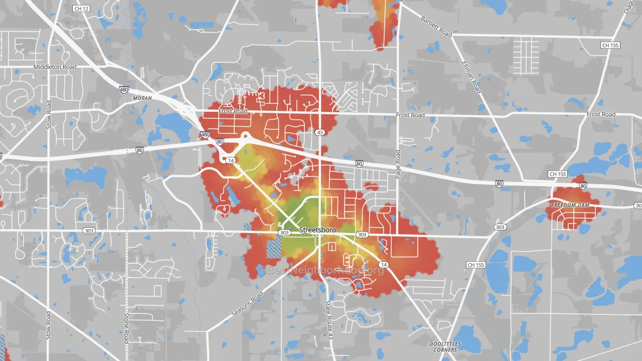 Walk Grade map of 44241, OH, walkable areas in green and car-dependent areas in red