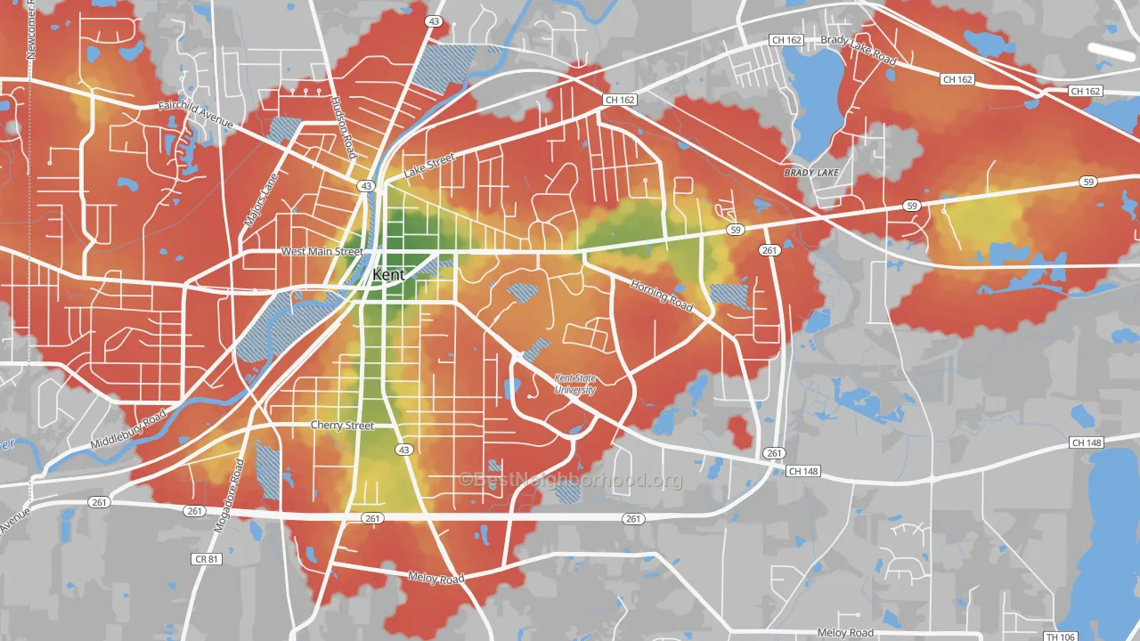 Walk Grade map of 44243, OH, walkable areas in green and car-dependent areas in red