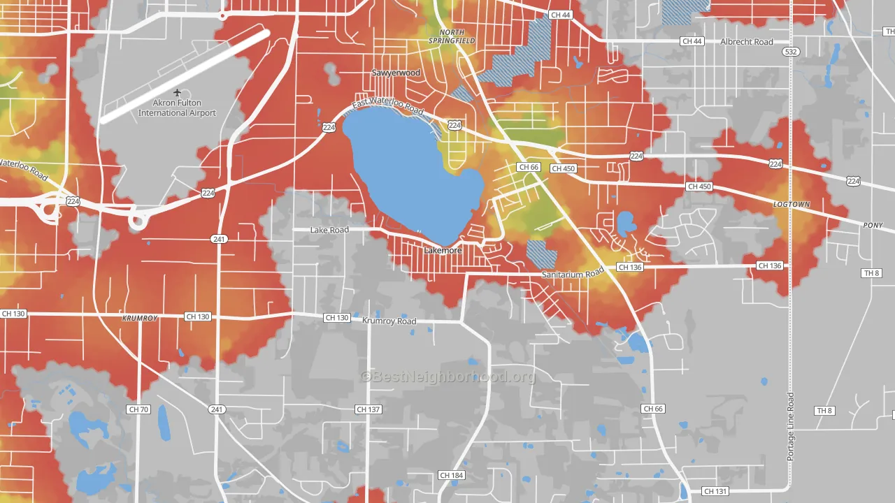 Walk Grade map of 44250, OH, walkable areas in green and car-dependent areas in red