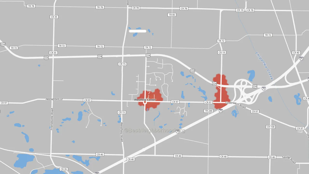 Walk Grade map of 44251, OH, walkable areas in green and car-dependent areas in red