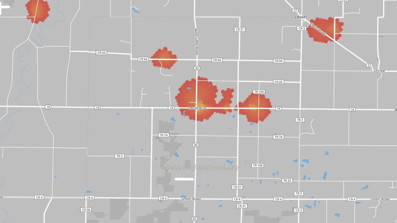 Walk Grade map of 44253, OH, walkable areas in green and car-dependent areas in red