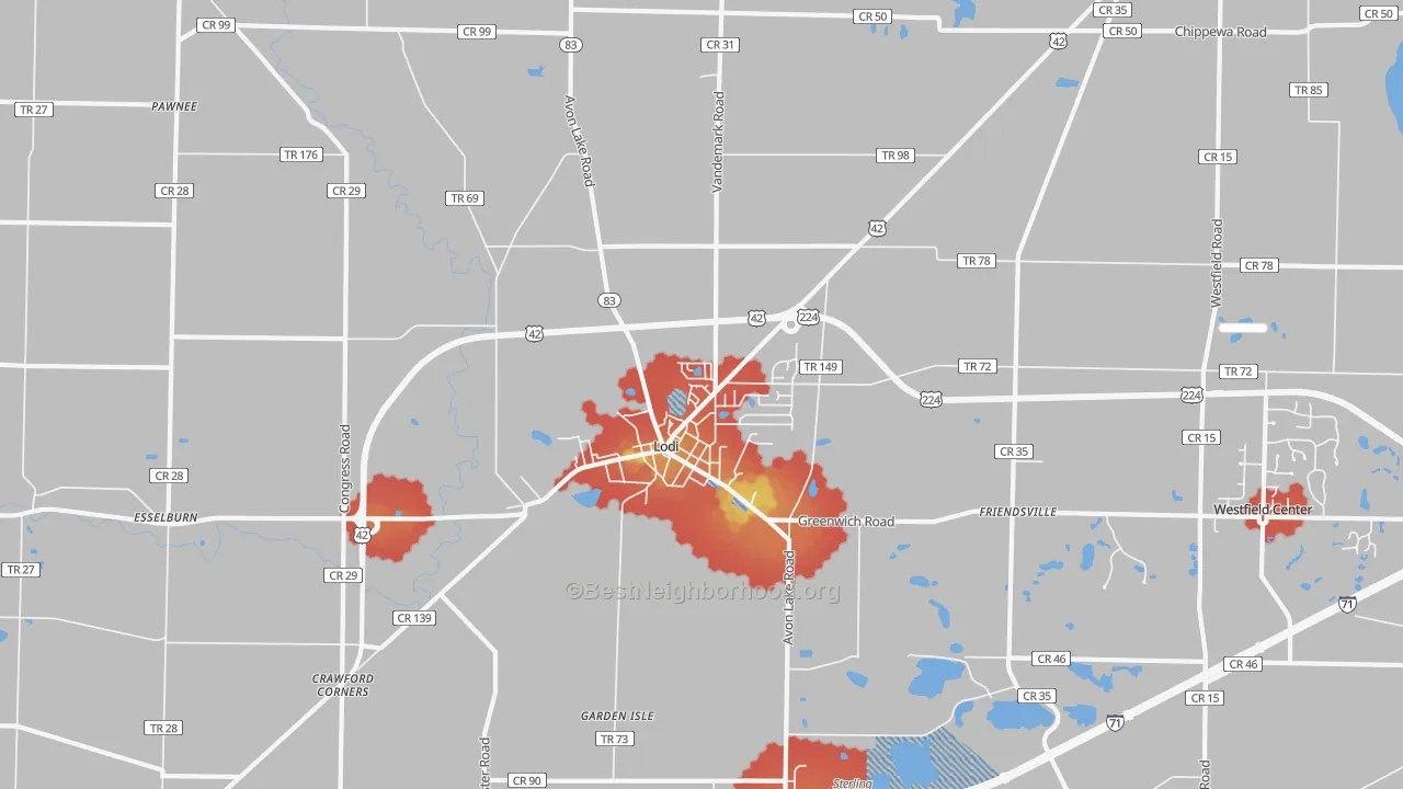Walk Grade map of 44254, OH, walkable areas in green and car-dependent areas in red