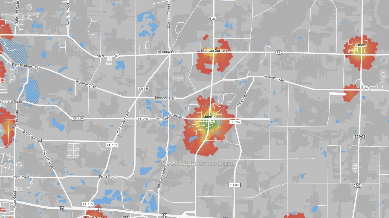 Walk Grade map of 44255, OH, walkable areas in green and car-dependent areas in red