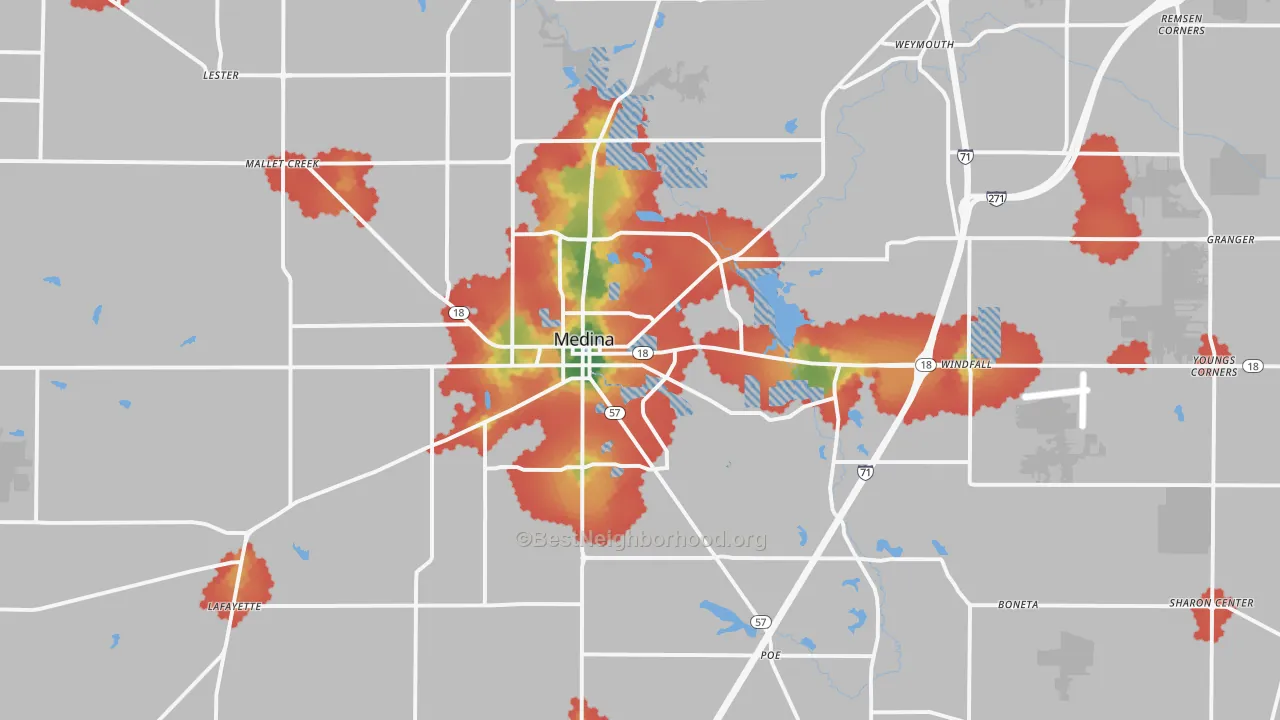 Walk Grade map of 44256, OH, walkable areas in green and car-dependent areas in red