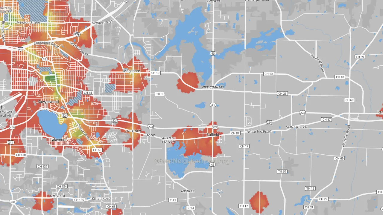 Walk Grade map of 44260, OH, walkable areas in green and car-dependent areas in red