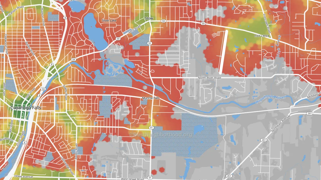 Walk Grade map of 44262, OH, walkable areas in green and car-dependent areas in red