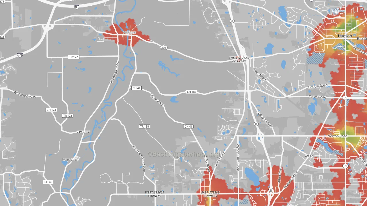 Walk Grade map of 44264, OH, walkable areas in green and car-dependent areas in red