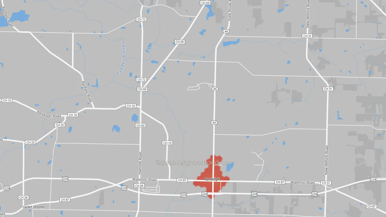Walk Grade map of 44265, OH, walkable areas in green and car-dependent areas in red