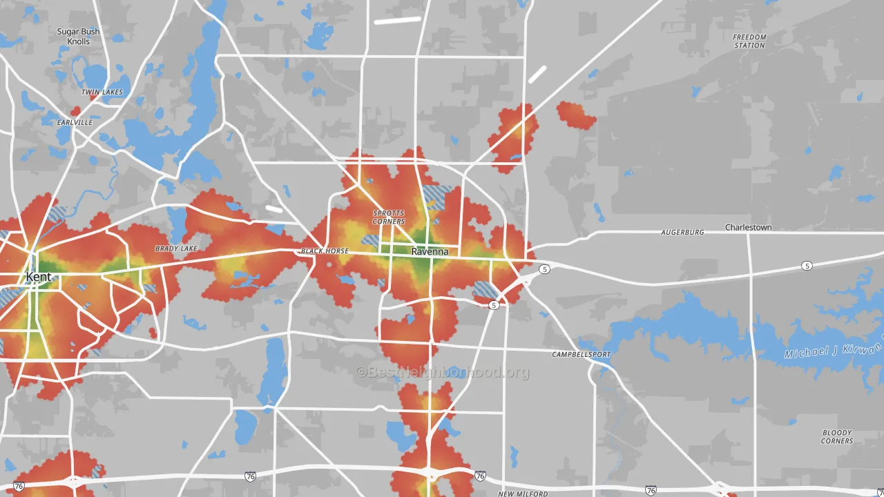Walk Grade map of 44266, OH, walkable areas in green and car-dependent areas in red