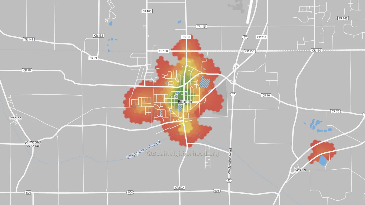 Walk Grade map of 44270, OH, walkable areas in green and car-dependent areas in red