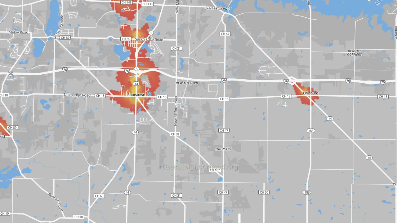 Walk Grade map of 44272, OH, walkable areas in green and car-dependent areas in red