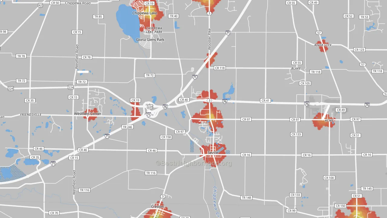Walk Grade map of 44273, OH, walkable areas in green and car-dependent areas in red