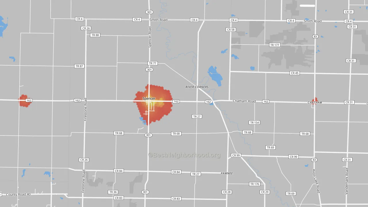 Walk Grade map of 44275, OH, walkable areas in green and car-dependent areas in red