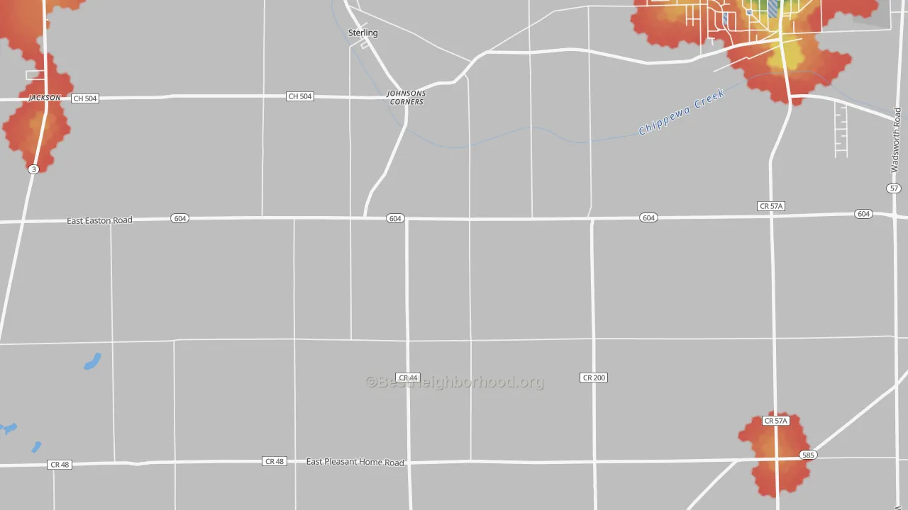 Walk Grade map of 44276, OH, walkable areas in green and car-dependent areas in red
