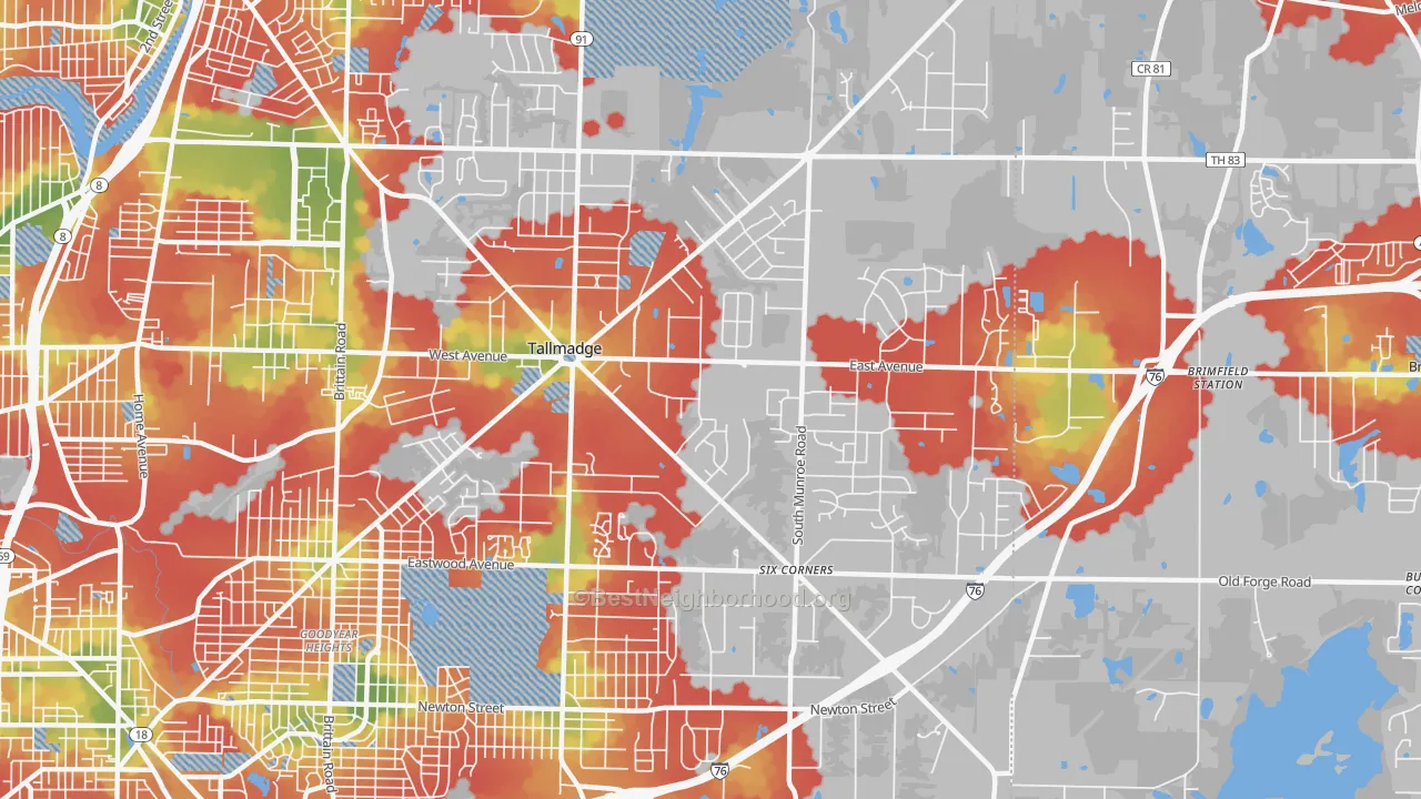 Walk Grade map of 44278, OH, walkable areas in green and car-dependent areas in red