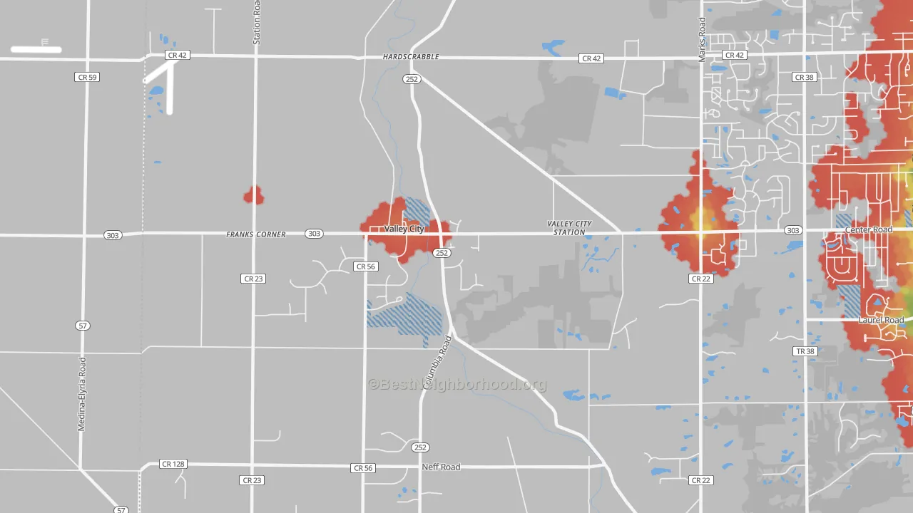 Walk Grade map of 44280, OH, walkable areas in green and car-dependent areas in red