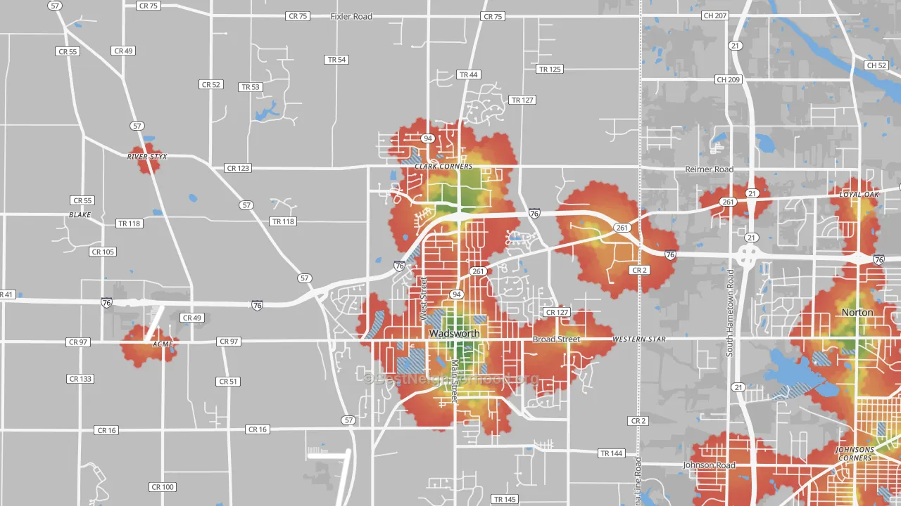 Walk Grade map of 44281, OH, walkable areas in green and car-dependent areas in red