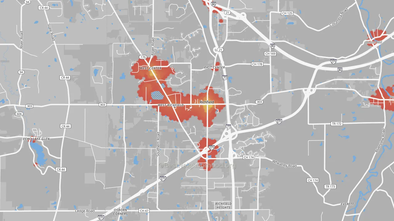 Walk Grade map of 44286, OH, walkable areas in green and car-dependent areas in red
