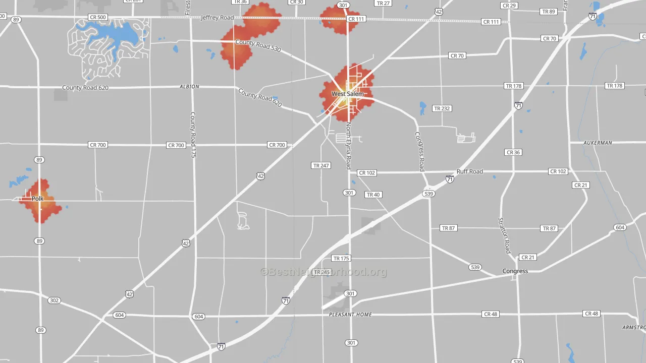 Walk Grade map of 44287, OH, walkable areas in green and car-dependent areas in red