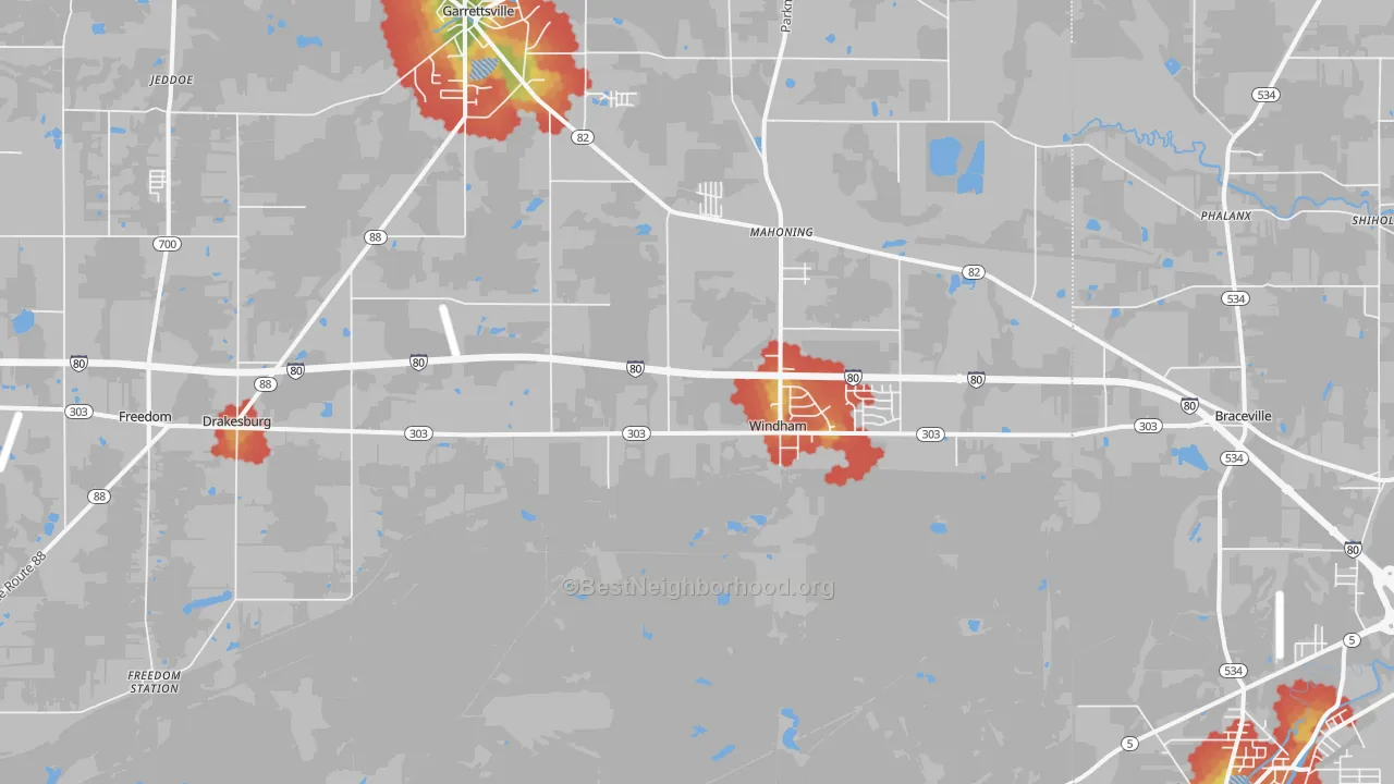 Walk Grade map of 44288, OH, walkable areas in green and car-dependent areas in red