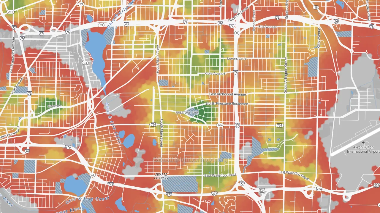 Walk Grade map of 44301, OH, walkable areas in green and car-dependent areas in red