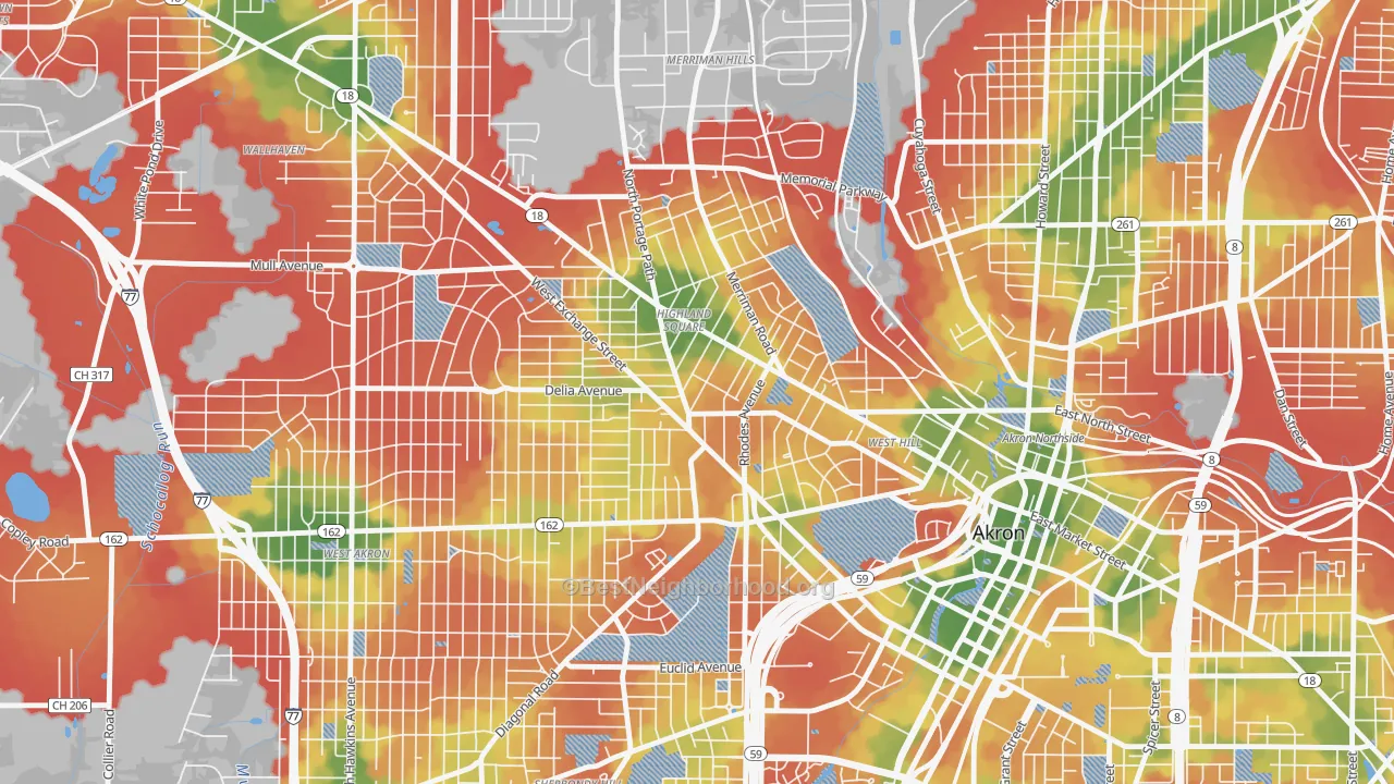 Walk Grade map of 44302, OH, walkable areas in green and car-dependent areas in red