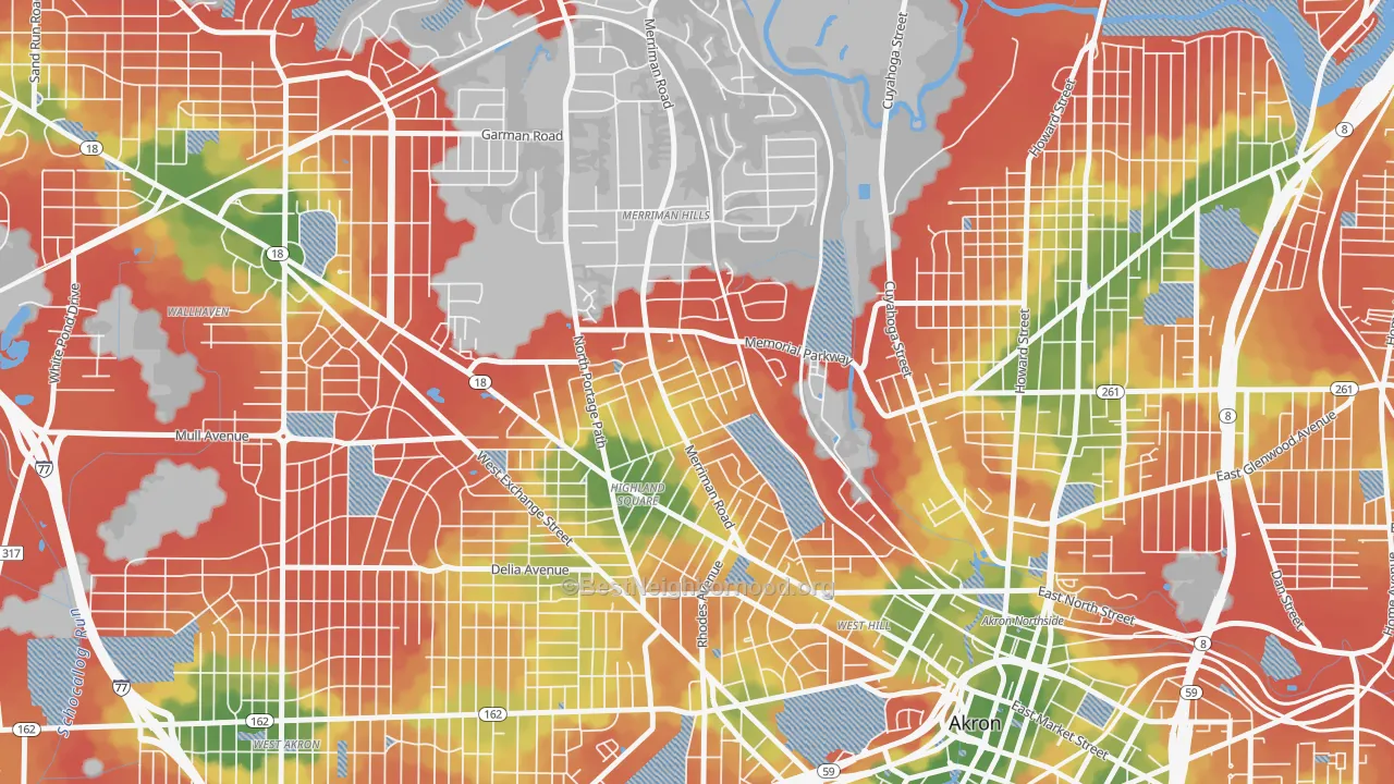 Walk Grade map of 44303, OH, walkable areas in green and car-dependent areas in red