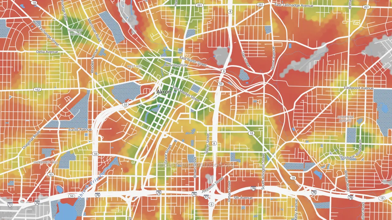 Walk Grade map of 44304, OH, walkable areas in green and car-dependent areas in red