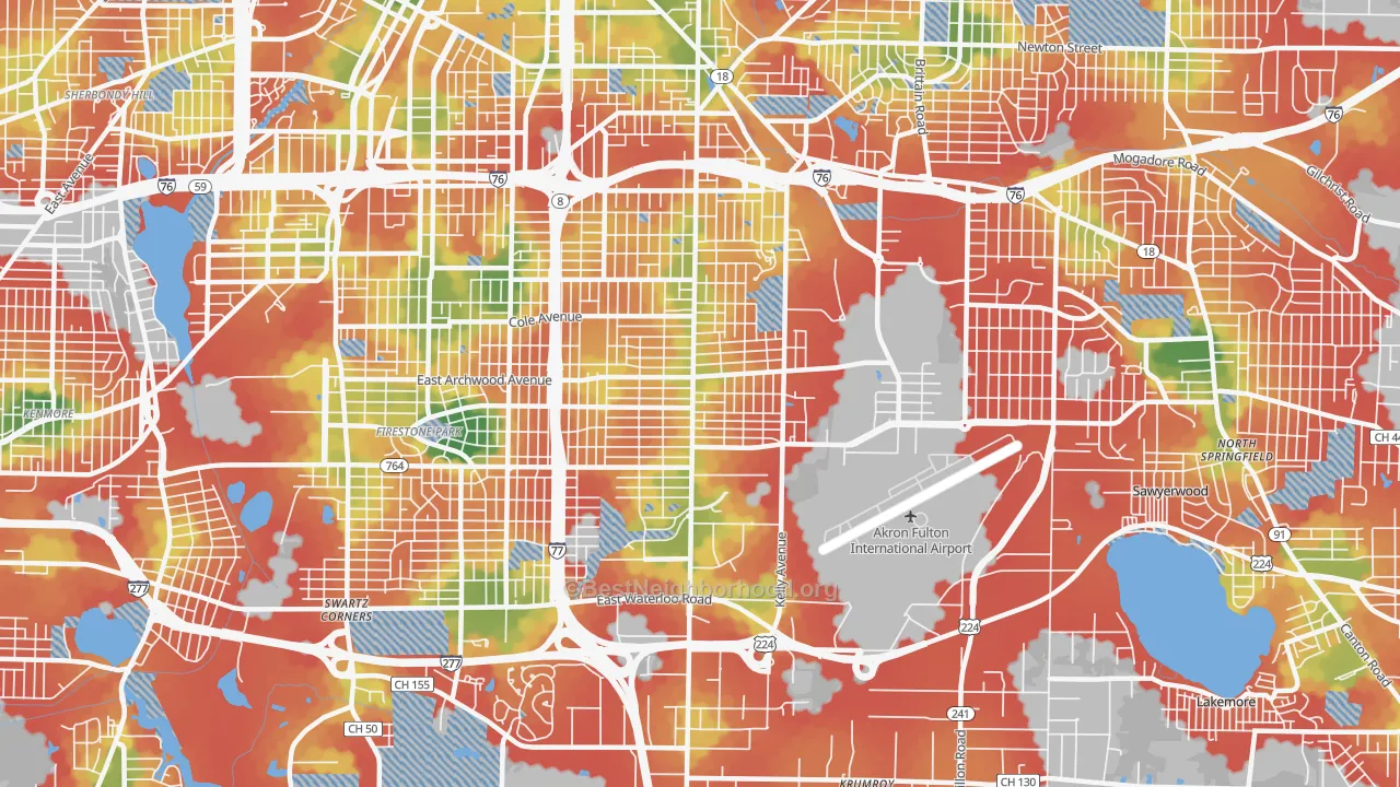 Walk Grade map of 44306, OH, walkable areas in green and car-dependent areas in red