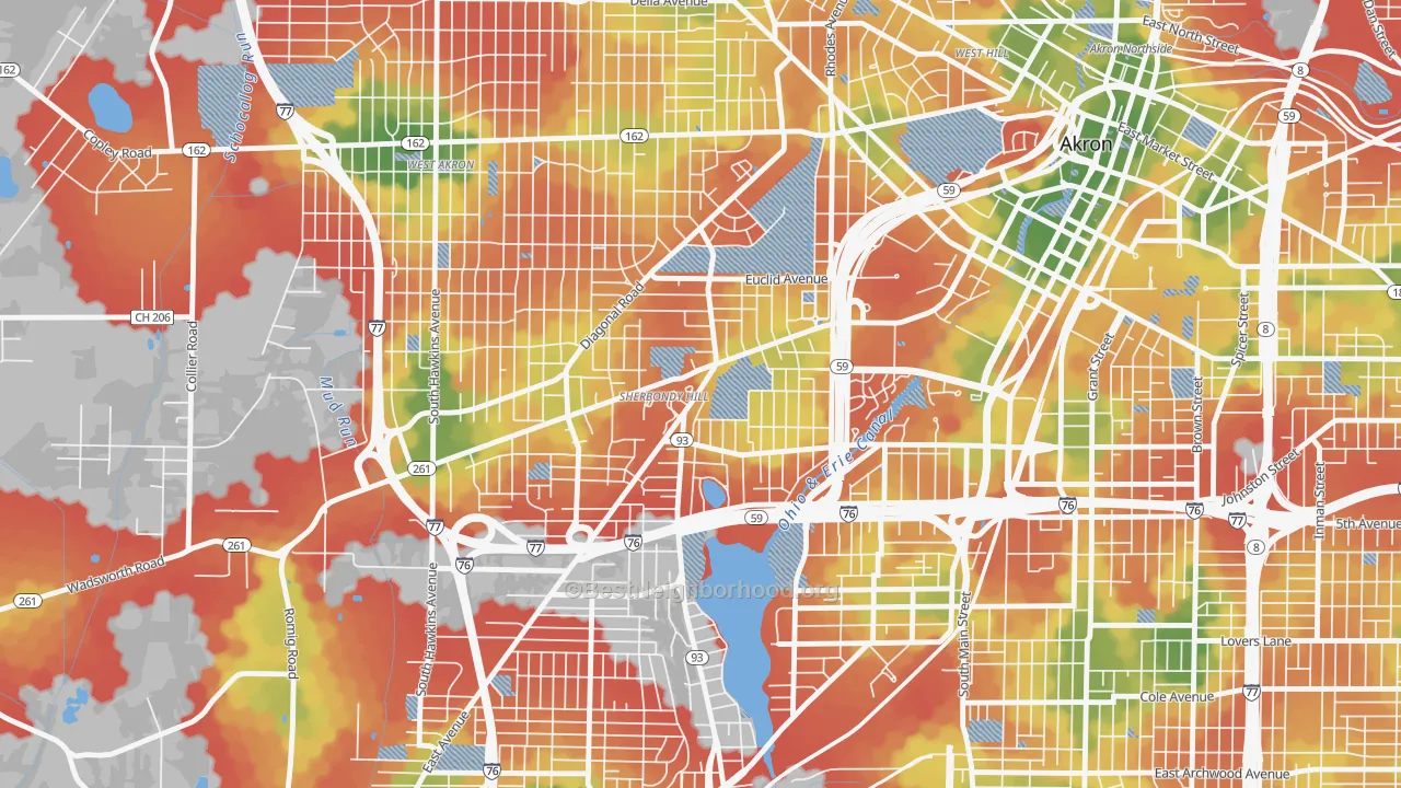 Walk Grade map of 44307, OH, walkable areas in green and car-dependent areas in red
